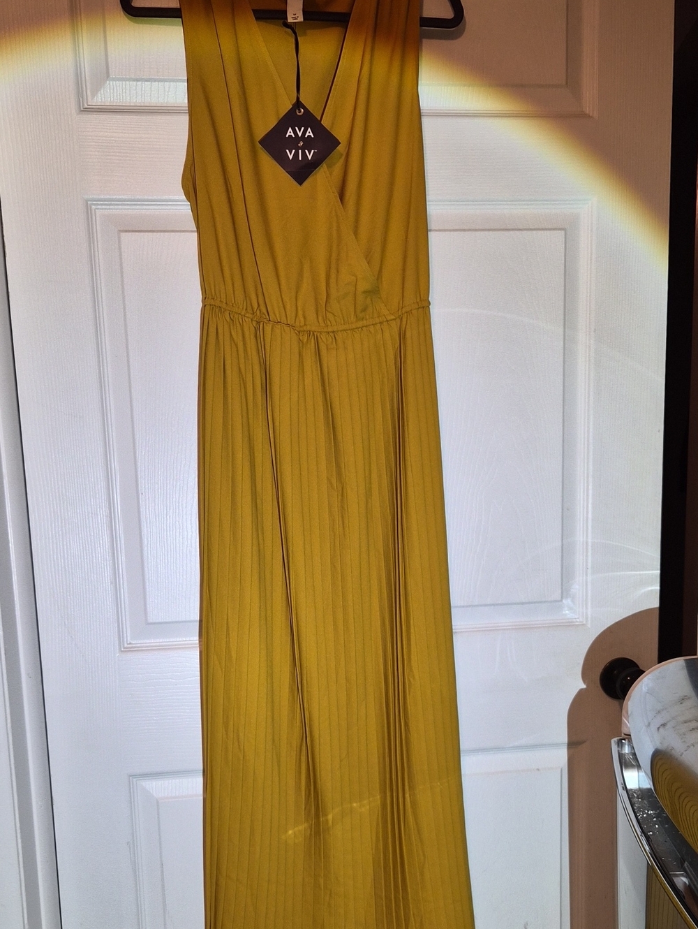 Ava & Viv Mustard Pleated V-Neck Maxi Dress